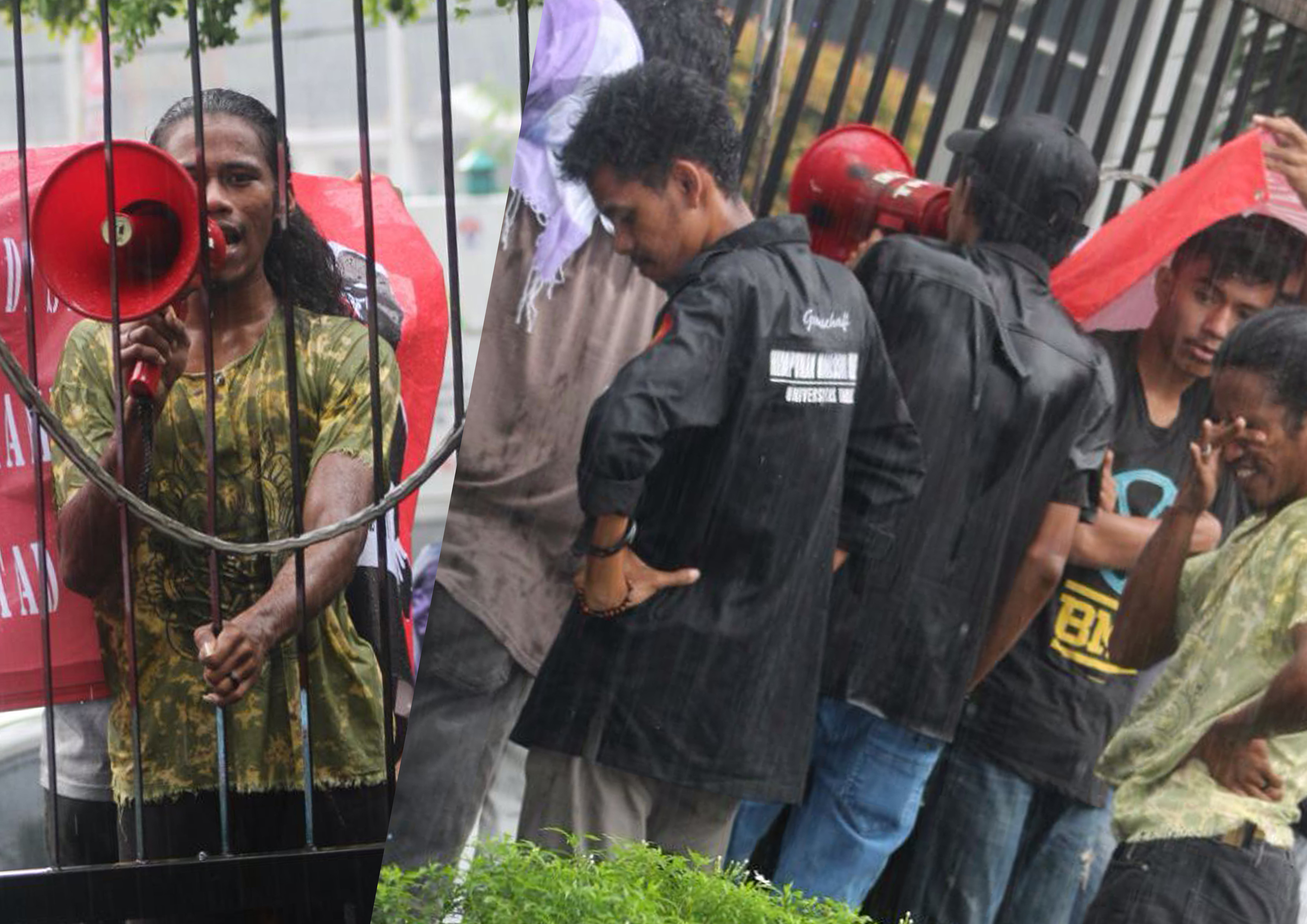 Diguyur Hujan Deras,  Aksi Bela Mahasiswa UNTAD di Jakarta tetap Berlangsung