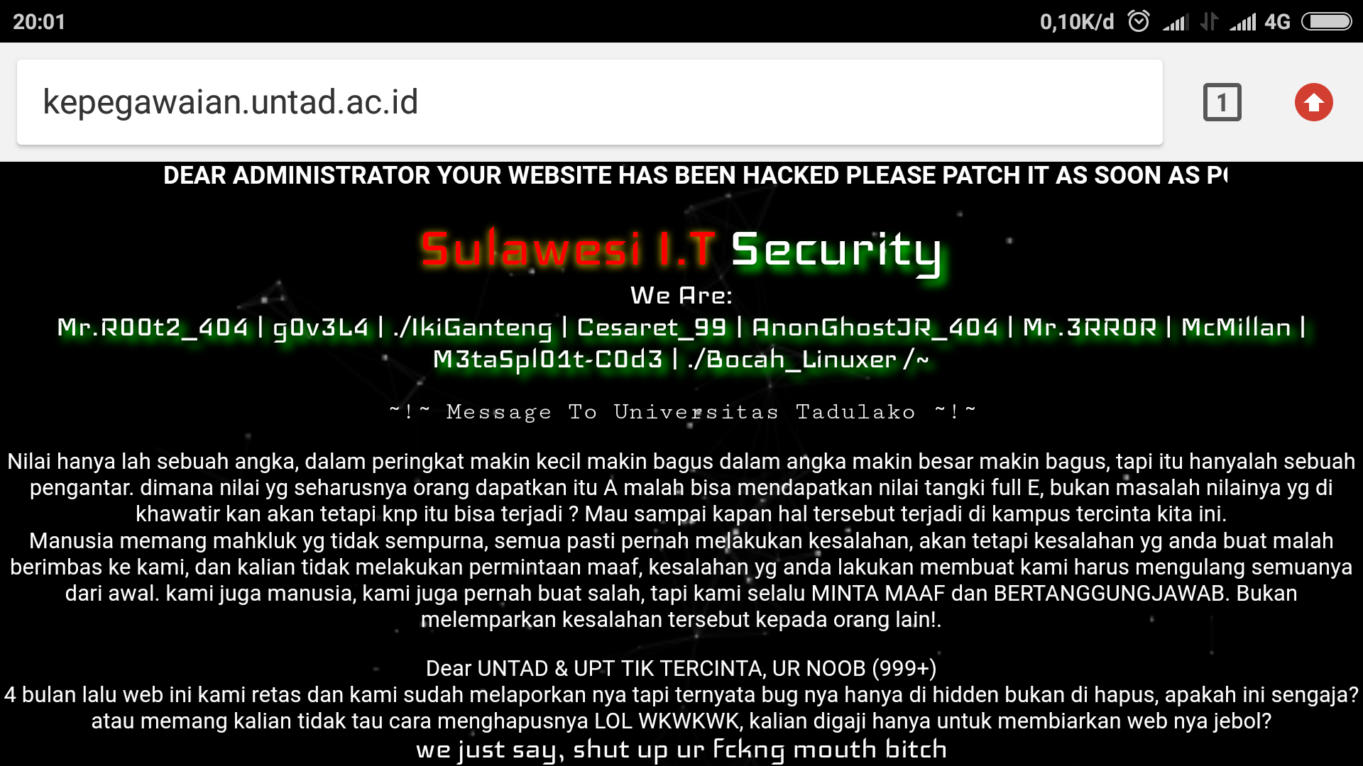 Website Untad Kembali di Hack, Berikut Pesan Hackernya