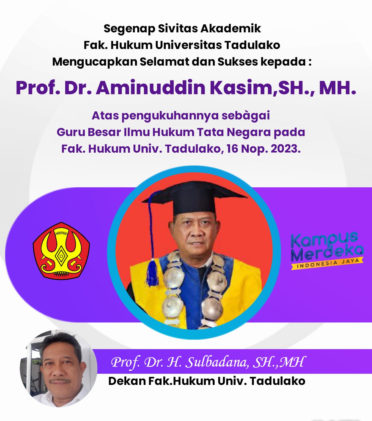 Dekan Fakhum Ucapkan Selamat Atas Pengukuhan Prof. Aminuddin Sebagai Guru Besar FH-Untad